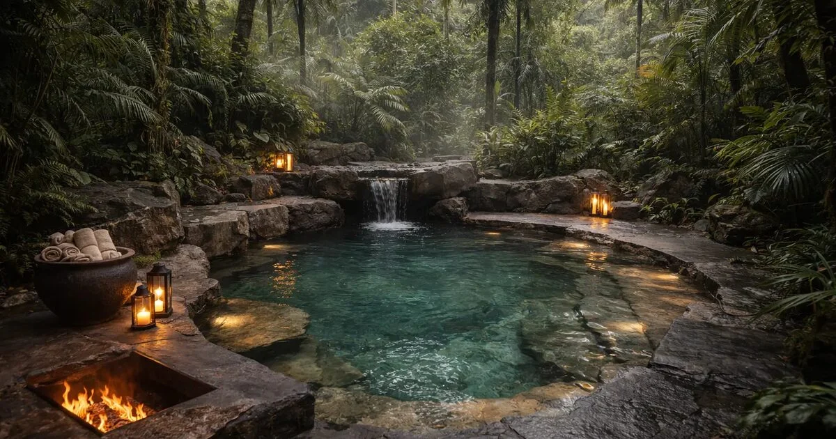 Natural stone thermal pool in the jungle at Orchidée Spa