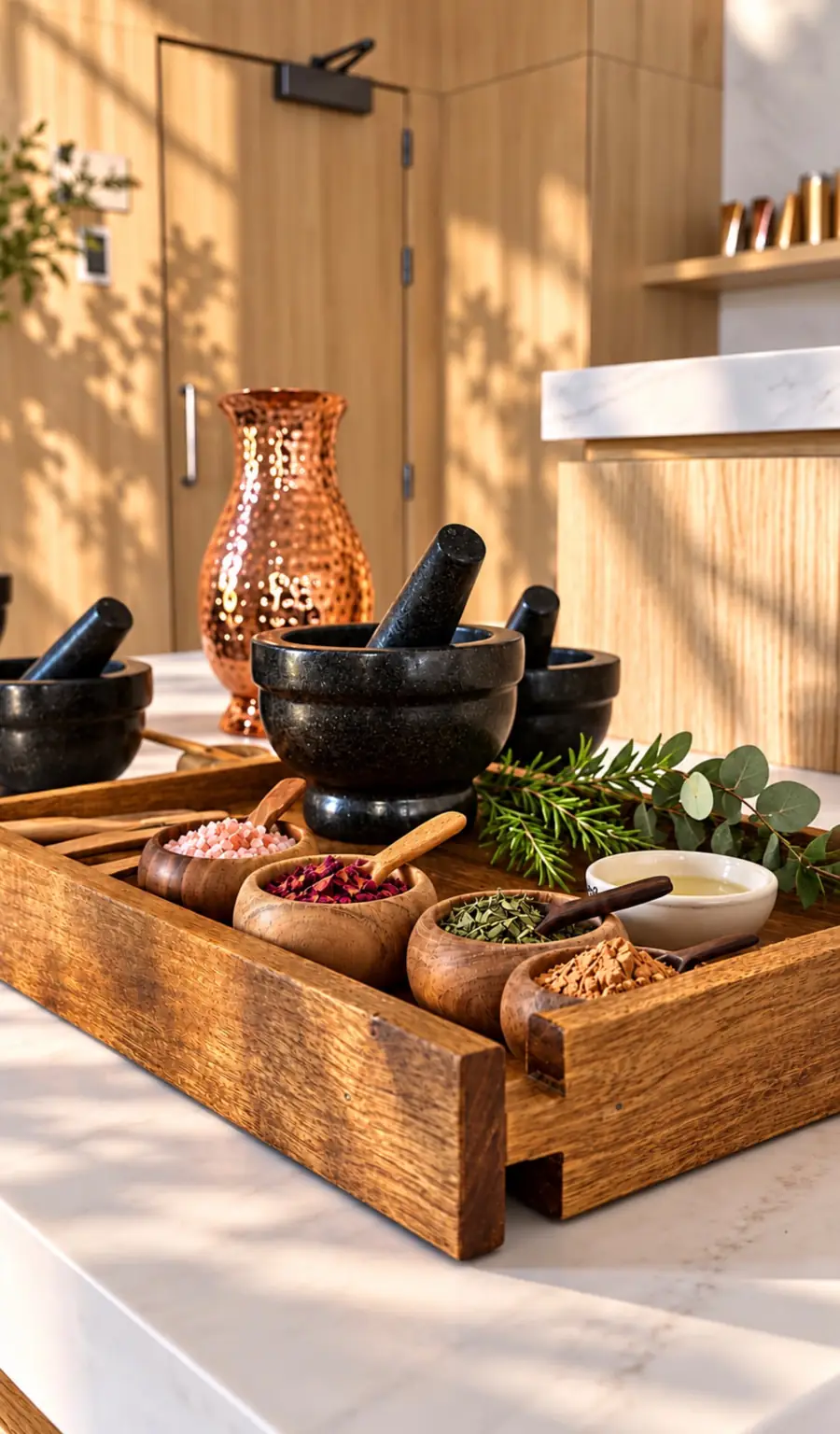 Wooden tray with bowls of pink salt, dried rose petals and herbs, stone mortars and a copper vase