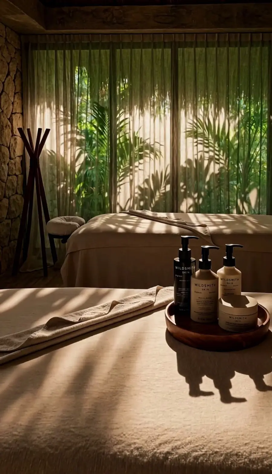 Spa treatment room with two massage tables, sheer curtains and a tray of skincare products